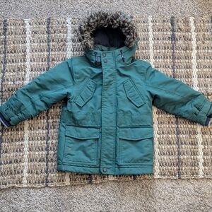 Mini Boden Kids' Fleece Lined Faux Fur Hooded Puffer Coat Size 3-4Y Green/Navy